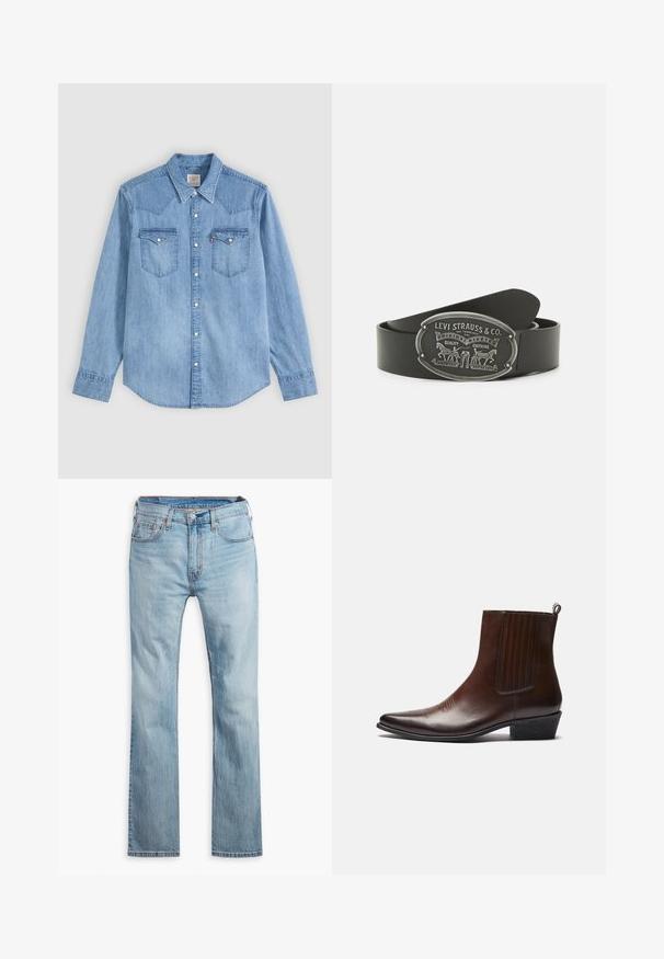 Hellblaues Jeanshemd mit langen Ärmeln, spitzem Kragen, zwei Brusttaschen mit Klappen und weißen Druckknöpfen vorne.; Hellblaue Jeans aus Denim, mit geradem Bein, fünf Taschen, kontrastierenden Nähten und einem Knopfverschluss am Bund.; Braune Leder-Ankle-Boots mit spitzer Spitze, elastischen Seitenteilen, strukturierten Details auf der Vorderseite und einem niedrigen, gestapelten Absatz.; Schwarzer Ledergürtel mit einer silbernen ovalen Schnalle, die mit eingeprägten Grafiken und Text dekoriert ist, einschließlich eines Pferdemotivs und des Markennamens.