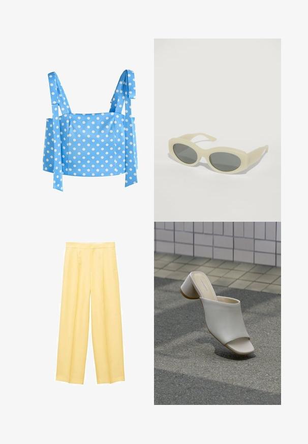 Blå crop top med hvide polkaprikker, med brede skulderstropper bundet i sløjfer.; Lys gul, vidde bukser lavet af glat stof, med en frontfold og to sidelommer, der giver en afslappet pasform.; Enkelt hvid åben tå mule med blokhæl på brolagt grund nær flisebelagt væg, vinklet for at vise side- og topudsigt.; Cremefarvede solbriller med ovale linser, gråt tonede og teksturerede sidearme. Rammen er slank med minimale hardware detaljer.