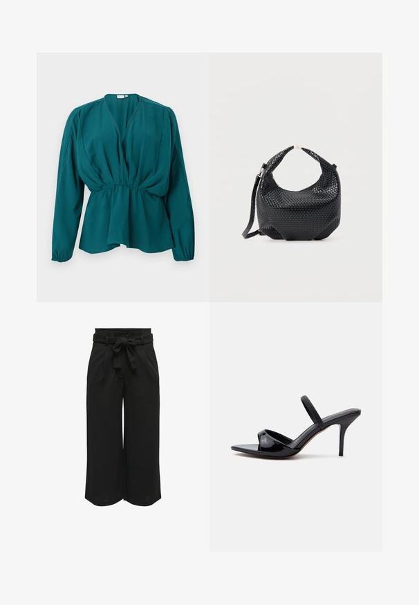 Blusa de manga larga color verde azulado con cuello en V, cintura fruncida, hombros abullonados y puños elásticos, mostrada sobre un fondo blanco plano.; Pantalones de pierna ancha negros, confeccionados en un tejido ligero, con un cinturón atado en la cintura y detalles de pliegues en la parte delantera para un ajuste estructurado.; Sandalia de tacón en charol negro con tacón stiletto fino, puntera cuadrada y una tira delgada sobre el empeine, mostrada sobre fondo blanco.; Bolso de mano de cuero negro trenzado con asa corta y correa de hombro desmontable, exhibido sobre un fondo claro y liso.