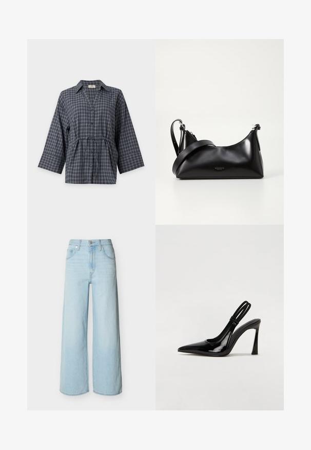 Chemise à carreaux bleu foncé et gris, boutonnée, avec de larges manches trois-quarts et une taille à cordon.; Jean bleu clair à jambes larges avec une fermeture avant à boutons et zip, des passants de ceinture, et un design classique à cinq poches.; Escarpin en cuir verni noir à talon aiguille, à bout pointu, avec une sangle élastique double pour un maintien sécurisé. Surface lisse et brillante.; Sac à main en cuir noir avec une texture lisse. Dispose d'une bandoulière adjustable et d'un design élégant et minimaliste avec une fermeture éclair.