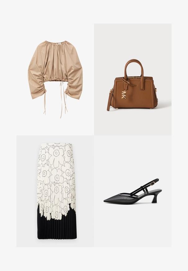 Beige cropped bluse med brede, rynkede lange ærmer og elastisk halsudskæring og kant, med justerbare snore.; Plisseret nederdel med et blomstret sort-hvidt mønster, der har en lyseoverdel med blomster og en ensfarvet sort underkant.; Sort spids tå slingback-sko med mesh-øverdel, tynde stropper, guldlås og lav buet hæl på hvid baggrund.; Brun lædertaske fra Michael Kors med dobbelte håndtag, gyldent MK-logo vedhæng og lynlåslukning øverst på en enkel hvid baggrund.