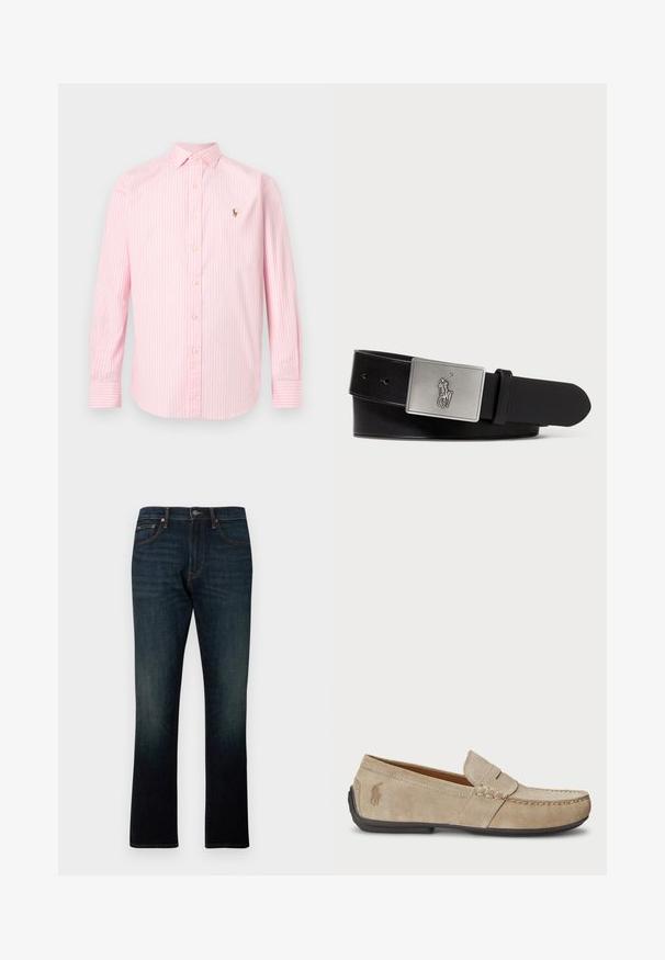 Camisa de manga larga con botones, rayas verticales rosas y blancas, con cuello y pequeño logotipo bordado en el pecho izquierdo.; Vaqueros de denim azul oscuro de pierna recta con cinco bolsillos y costuras naranjas, mostrados planos sobre un fondo blanco.; Mocasines de ante beige con detalle cosido, suela de goma plana y un pequeño logotipo en el lateral. Diseño clásico de slip-on, textura suave.; Cinturón de cuero negro con una hebilla rectangular de metal plateado que presenta un logo de jinete en relieve, textura suave y cinco agujeros.