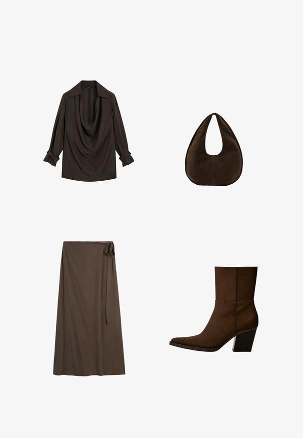 Blouse marron foncé à manches longues avec un large col, un profond décolleté drapé et des poignets à boucles aux manches.; Longue jupe portefeuille marron foncé avec fermeture à nouer sur le côté et tissu lisse et fluide.; Bottine en suède marron avec un orteil pointu et un talon épais, présentant un design minimaliste et une texture lisse sur fond blanc.; Sac à main en daim marron foncé en forme de croissant avec une seule sangle large et une texture lisse sur fond blanc.