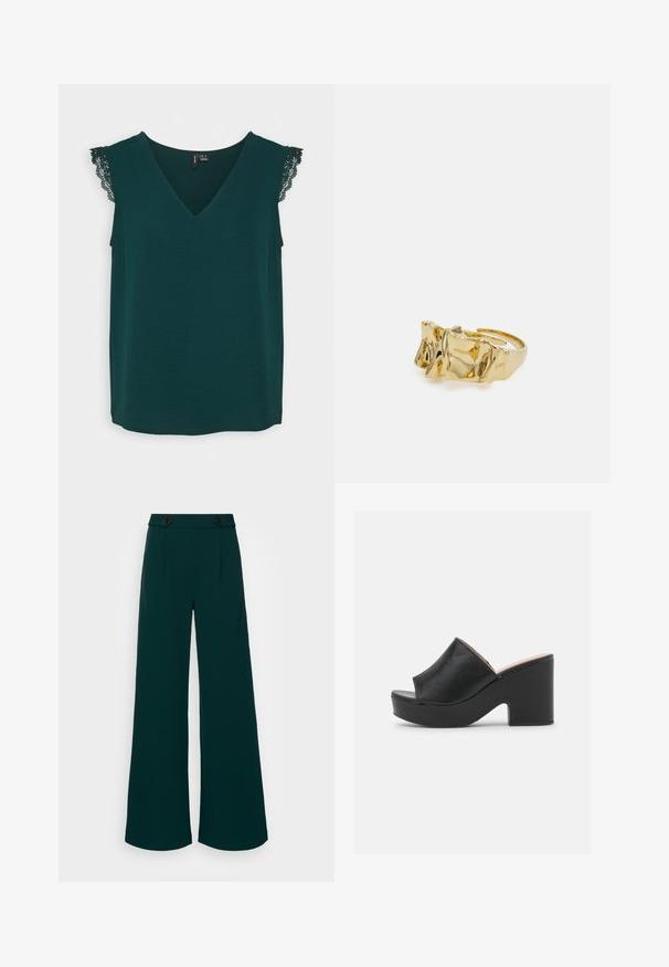 Vero Moda VMNANNA - T-shirts basic - pondarosa pine; Bredde bukser i mørk teal stof, med høj talje og dobbelte knaplukninger, skarpe folder og en glat, strømlinet tekstur.; Sorte læder open-toe mules har et bredt forreste strop og en chunky, høj platformhæl med en glat tekstur. Vist fra siden.; Guldring med tekstureret, bølget design, der har tre fremtrædende toppe. Glat, skinnende overflade med en åben ring, der gør den justerbar.