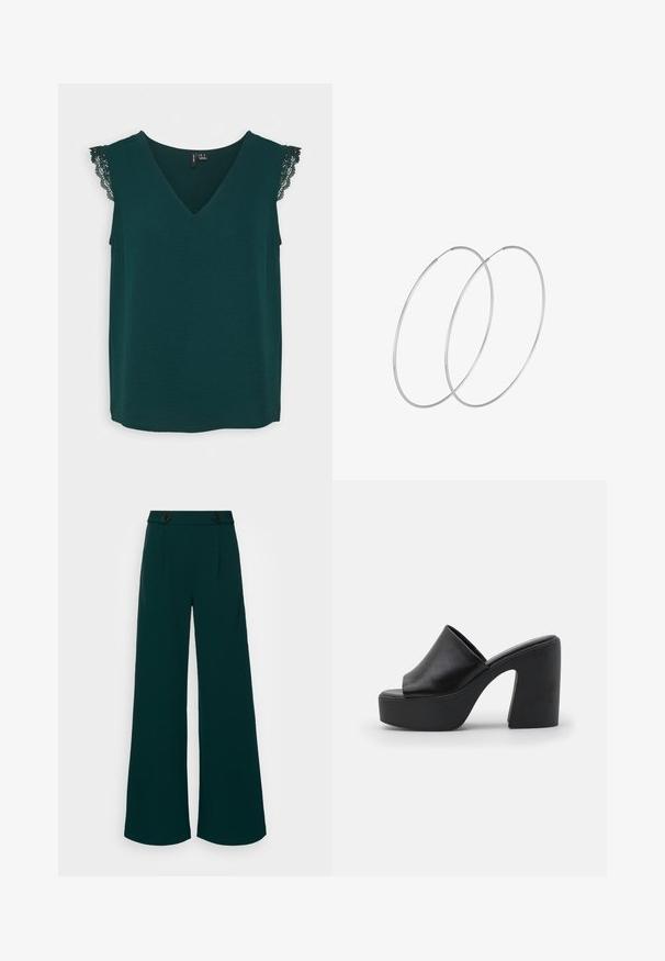 Vero Moda VMNANNA - T-shirts basic - pondarosa pine; Bredde bukser i mørk teal stof, med høj talje og dobbelte knaplukninger, skarpe folder og en glat, strømlinet tekstur.; Sorte højhælede mules med en glat læderoverdel og en tyk platformssål, der har åben tå og skrå blokhæl design.; Sølvøreringe med et minimalistisk design. Cirkulær form, glat tekstur og tynd profil. Letvægtige med en poleret overflade.