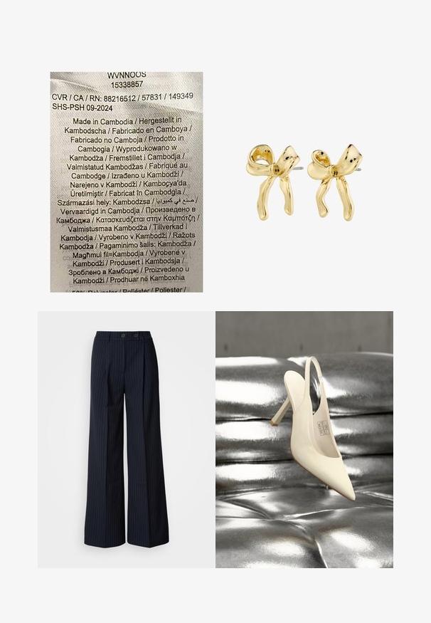 Etiket med multicolor tekst på en lys stofbaggrund. Angiver produktionsdetaljer på forskellige sprog; angiver primært "Fremstillet i Kambodja."; Marineblå stribede bredbenede bukser med to frontknapper, skræddersyet design, præget fold foran og en glat tekstur.; Hvid spids slingback højhælet sko vist mod en skinnende sølvfarvet polstret baggrund.; Guldtonede metalstud øreringe formet som sløjfer, med en struktureret overflade og en post-back lukning. Hver ørering har flydende båndlignende detaljer.