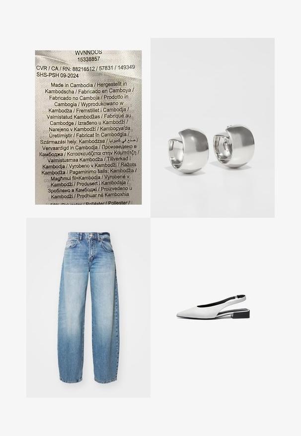 Etiqueta con texto multicolor sobre un fondo de tela clara. Enumera los detalles de fabricación en varios idiomas; indica principalmente "Hecho en Camboya".; Jeans de pierna ancha en color azul claro con un acabado desgastado, cinco bolsillos y cierre de botón. La tela es denim, con costuras clásicas y un corte relajado.; Zapatillas planas de piel blanca tipo slingback con punta afilada, diseño abierto en el talón y un bajo tacón cuadrado negro. Textura suave y acentos mínimos.; Uncommon Matters SCULPTURAL LARGE CREOLE - Pendientes - silver-coloured