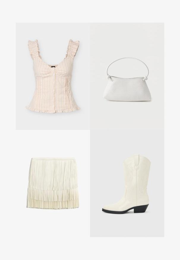 Ærmeløs beige og hvidstribet bluse med flæse-stropper, knapper foran, figursyet talje og flæsekant.; Fritskørt i creme, fremstillet af lagdelte stofstrimler. Har et tætsiddende taljebånd og et struktureret, lagdelt design med lodrette frynser.; Hvid western-støvle til midt på læggen med spids tå, sort stablet hæl, dekorative sømme og trækflap på skaftet.; Hvid fletlæderhåndtaske med afrundet håndtag og ender på remmen, der er knyttet, vist mod en ensfarvet baggrund.