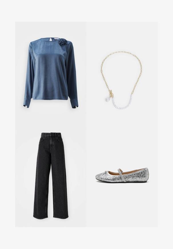 VILA VIKENCA ROSE - Bluse - coronet blue; Sorte højtaljede brede bukser lavet af denim, præget af et klassisk fem-lomme design og subtile syninger.; Sølvglitter balletflade med rund tå, elastisk rem og minimal hæl. Struktureret overflade med metallisk glans og kontrasterende kant.; Guldkæde med forlængede led, en hvid perleaccent, og en dekorativ lukning med vedhæng af en lille perle.