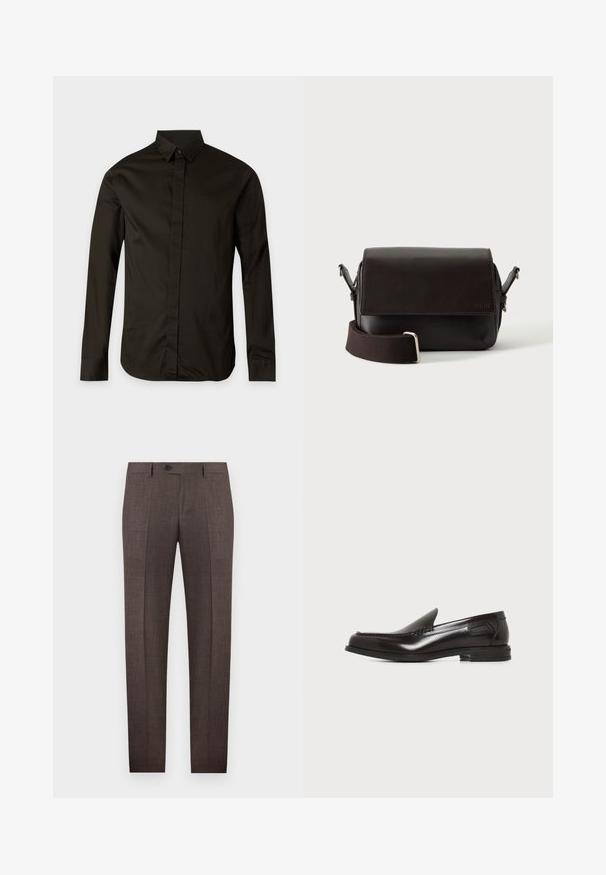 Chemise noire à manches longues avec col pointu et patte de boutonnage cachée, présentée sur un fond clair uni.; Pantalon habillé pour hommes sur mesure de couleur marron, avec passants de ceinture, fermeture à boutons sur le devant, et plis marqués, sur fond blanc.; Mocassin pour homme en cuir noir, sans lacets, avec petit talon et coutures décoratives à l'avant et sur les côtés, sur fond blanc.; Sac bandoulière en cuir marron foncé avec fermeture à rabat et sangle en tissu réglable sur fond blanc.