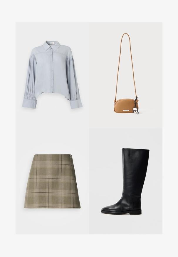 Lichtblauw overhemd met lange mouwen, knoopsluiting, puntige kraag, geplooide mouwen, brede manchetten en een asymmetrische zoom.; Geruite mini-rok in olijfgroen en beige, met een rechte snit, een subtiele textuur en een klein logo-accent bij de tailleband.; Zwarte leren kniehoge laars met een ronde neus, een gladde textuur, een minimalistisch ontwerp en een platte zool. Eenvoudige stikdetails op de schacht.; Kleine beige crossbodytas met lange riem, afgeronde vorm, getextureerd oppervlak en zwarte sleutelhanger met gestileerd gezicht met zonnebril.