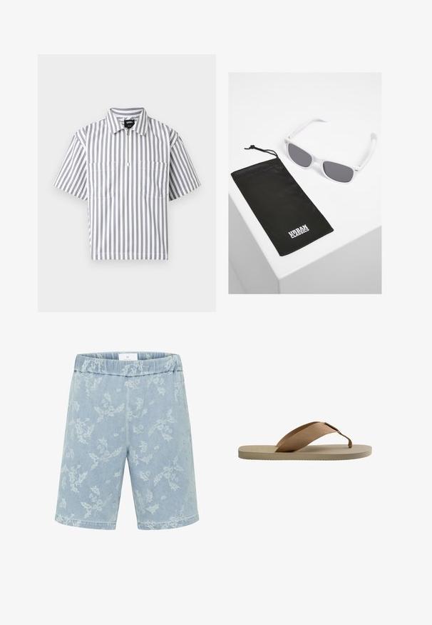 Chemise blanche à manches courtes avec des rayures grises verticales, une fermeture éclair à l'avant, deux poches poitrine, et un col plié, présentée sur fond blanc.; Shorts en denim bleu clair avec un motif floral subtil, taille élastique et coupe droite. Pas de poches visibles.; Sandale tong beige avec semelle texturée et large bride d'orteil en tissu marron sur fond blanc.; Lunettes de soleil en plastique blanc avec verres gris à côté d'une pochette en tissu noir ornée d'un logo "URBAN CLASSICS" en lettres majuscules blanches.