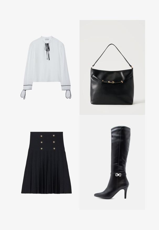Blouse blanche avec un col à volants, détail de cravate noire, et manches longues avec des accents noirs au niveau des poignets. Tissu lisse, coupe décontractée.; Anna Field by Zalando MINI SKIRT WITH BUTTONS - Jupe trapèze - black; Botte en cuir noir montante avec un bout pointu, un haut talon aiguille et un détail décoratif en boucle en argent autour de la cheville.; Sac à épaule en cuir noir avec une bandoulière unique et un petit détail de boucle dorée à l'avant, sur un fond clair uni.