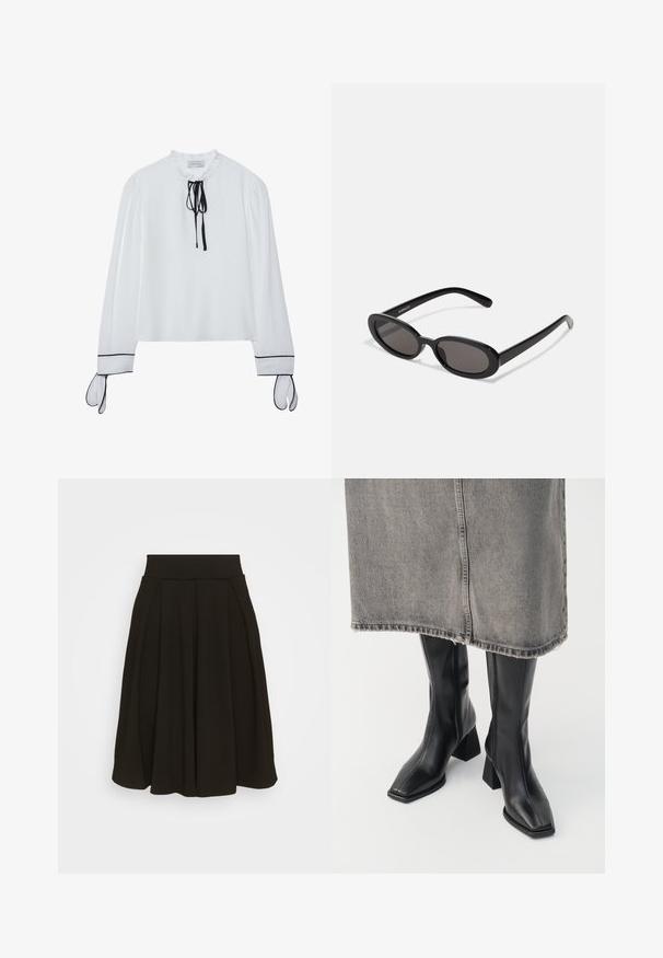 Weiße Bluse mit einem gerafften Ausschnitt, schwarzem Krawatten-Detail und langen Ärmeln mit schwarzen Akzenten an den Ärmeln. Glattes Material, lockere Passform.; Schwarz gefaltetem Rock mit einem breiten, elastischen Bund. Hergestellt aus einem weichen Stoff, mit einem knielangen Saum und glatter Textur.; Schwarze knielange Stiefel aus glattem Leder mit quadrater Zehenpartie und Blockabsatz. Getragen mit einem grauen Jeansrock mit ausgefranstem Saum.; Even&Odd Sonnenbrille - black