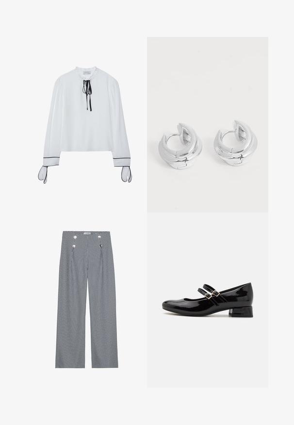 Hvid bluse med rynket halsudskæring, sort bånddetalje og lange ærmer med sorte accenter ved manchetterne. Glat stof, afslappet pasform.; Bred- og hvidt gingham-mønstret bukser med frontfold og guldfarvede knapdetaljer i taljen. Glat stoftekstur.; Sorte patenterede læder Mary Jane sko har en rund tå, to justerbare spænder, og en lav blokhæl. Glat tekstur, minimalistisk design.; Par blanke sølvfarvede metal hoop-øreringe med lagdelt halvmåne-design på en ensfarvet hvid baggrund.