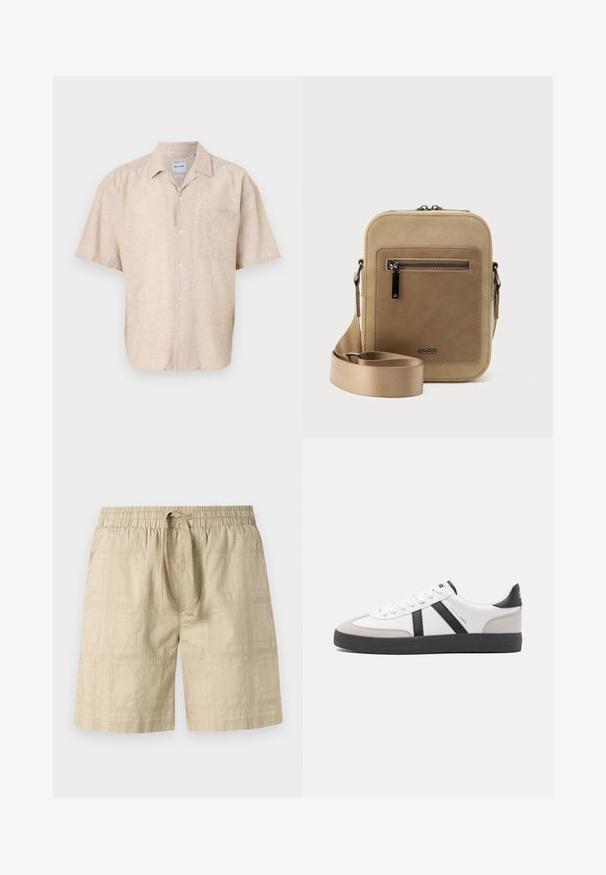 Chemise à manches courtes en mélange de lin beige, dotée d'une poche poitrine, d'une texture subtile et d'un design de col classique.; Shorts beiges en tissu léger avec taille élastique et cordon de serrage, arborant un motif de grille subtil et une coupe droite.; Baskets blanches avec des accents noirs et gris, présentant un embout texturé gris, une semelle en caoutchouc noir et des lacets plats blancs. Design épuré, style minimaliste.; Petit sac bandoulière beige avec poche avant zippée, logo métallique ALDO, sangle large ajustable et forme rectangulaire arrondie sur fond blanc.