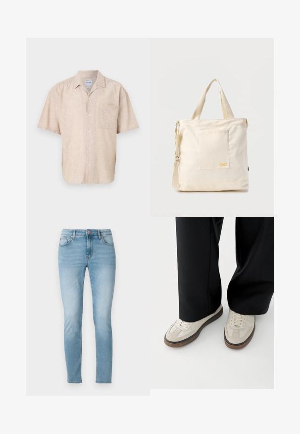 Kortærmet skjorte med knapper i beige linnedblanding, med en brystlomme, subtil tekstur og et klassisk kravedesign.; Lyseblå skinny jeans lavet af denim, med en mellemhøj talje, fem lommer og diskret fading på lårerne. Knaplukning i taljen.; Fødder iført beige sneakers med brune såler og sorte bukser med vide ben på hvid baggrund.; Kremfarvet lærredstote-taske med frontlomme, to håndtag, justerbar skulderrem og lille gul "O.N.S" tekst i nederste højre hjørne af lommen.