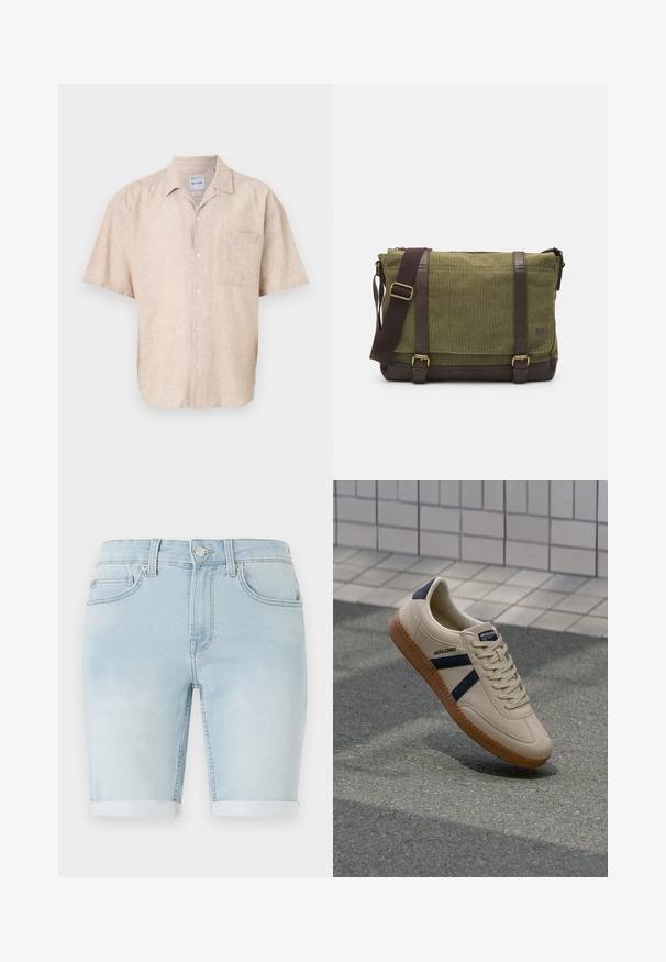 Kortærmet skjorte med knapper i beige linnedblanding, med en brystlomme, subtil tekstur og et klassisk kravedesign.; Lysblå denimshorts med opretstående kant, klassisk fem-lomme design og frontknaplukning. Glat tekstur med let slid.; Beige sneaker med struktureret overflade, marineblå striber og gummisål. Har en polstret tunge og traditionelt snørresystem for en sikker pasform.; Grøn stof messenger taske med brune læderdetaljer, en frontklap, justerbar skulderrem og lynlåslukning på toppen. Har guld hardware.