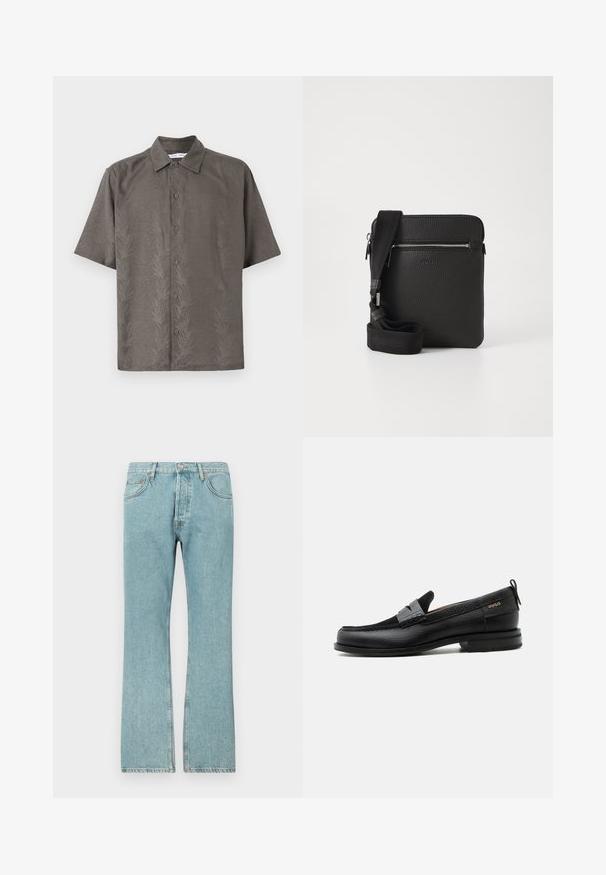 Kortærmet, olivengrøn skjorte i et tekstureret stof med et præget bladmønster, klassisk krave og knaplukning foran.; Lysblå denimjeans med lige ben-design, der har fem lommer og en knaplukning. Synlige sømme og frynsedetaljer i kanten.; Sort læderloafer med grå remdetalje, lav hæl og tekstureret sål, mærket med "HUGO" i guld på siden.; Sort læder crossbody taske med en tekstureret overflade, lynlåslomme foran og en justerbar stofrem. Enkel firkantet design.