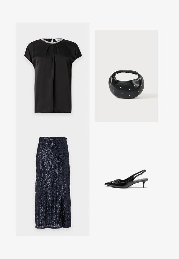 Sort satinbluse med korte ærmer, rynket frontudskæring og udsmykket kravedetalje. Har en nøglehulslukning bagpå.; Marineblå paillet midi skirt med en glat tekstur, der har en tætsiddende talje og en let udvidelse ved kanten. Designet skaber reflekterende mønstre.; Sorte læder slingback-pumps med spids tå, lav kitten-hæl og rynket detalje på overdelen. Glat tekstur og minimalistisk design.; Sort læderhåndtaske med en rundet form, dekoreret med sølvnitter, og et kort håndtag. Glat tekstur og lynlåslukning.