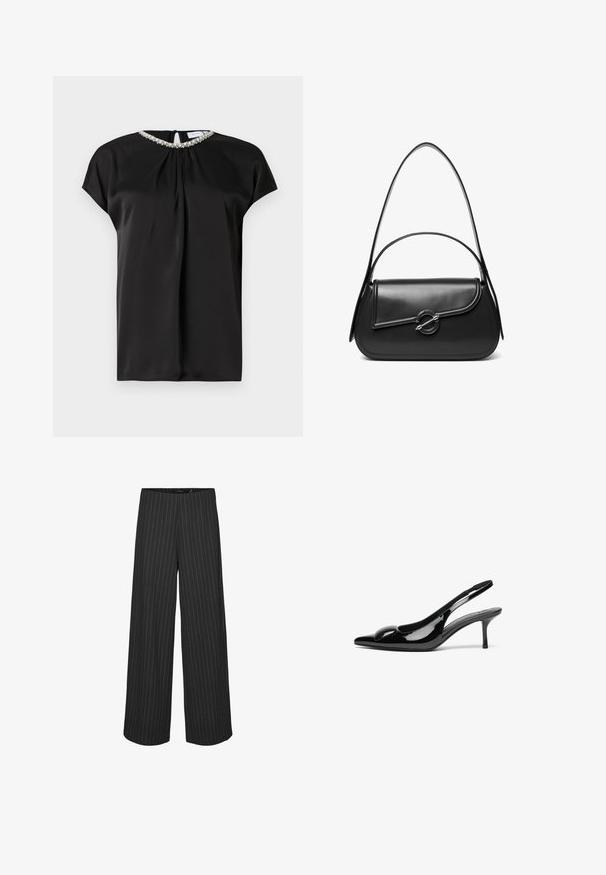 Blouse en satin noir à manches courtes, col avant froncé et détail de col orné. Fermeture à l'arrière avec une fente en forme de goutte.; Pantalons larges noirs à rayures verticales blanches, présentant une coupe ajustée et une texture lisse. Pas de poches ni de matériel visible.; Escarpins slingback en cuir verni noir avec un bout pointu et une finition brillante. Présente un talon fin et un accent arrondi au dessus du pied.; Sac à bandoulière en cuir noir avec un rabat incurvé fermé par un fermoir métallique rond et une sangle fine et ajustable.