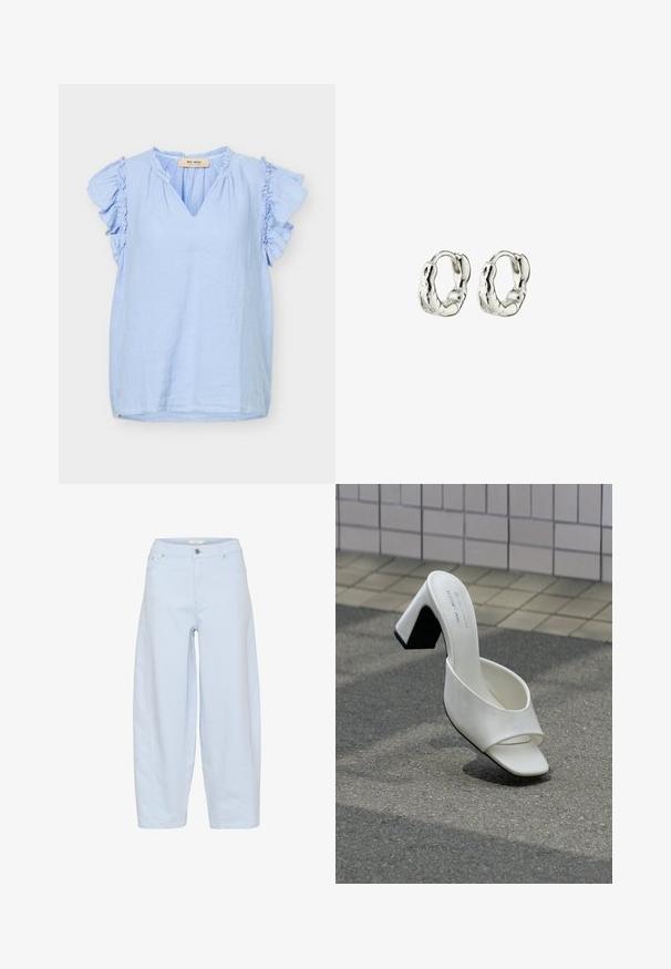 Lyseblå kortærmet bluse med flæseærmer, V-udskæring og letvægtsstof fra mærket Mos Mosh.; Lysblå bredbenede jeans lavet af denim, med et klassisk femlomme-design, knaplukning og pæne stikninger.; Enkelt hvid åben tå mule med blokhæl står på grå asfalt mod en flisebelagt væg.; Sølv hoop øreringe med en struktureret, organisk design. Hver ørering har en glat, afrundet form og en poleret finish.