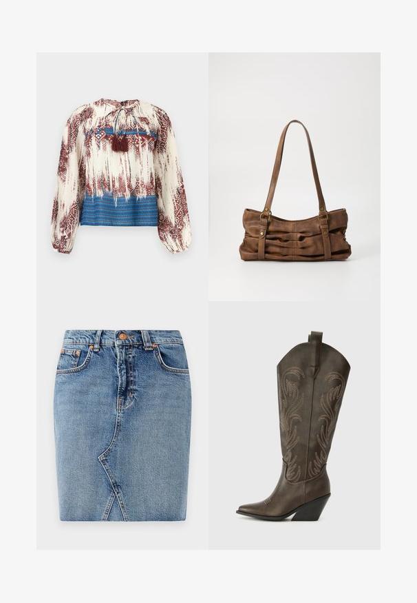 Langærmet bluse med abstrakte røde og hvide mønstre, blå vandrette striber ved kanten og brune frynsetråde ved halsudskæringen.; Denimnederdel i mellemblå med et tætsiddende design, forlommer og skrå sømdetaljer. Standard talje med metalknaplukning.; Brune læder cowboystøvle med spids tå, kilehæl og dekorativ broderi. Har en høj stok og en trækflap.; Even&Odd by Zalando Håndtasker - brown