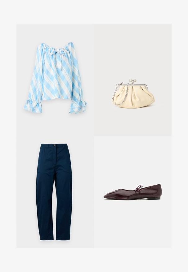 Lyseblå og hvide ternet off-shoulder bluse med lange pufærmer, flæsekantede manchetter og en bindebånd i halsudskæringen.; Mørkeblå bukser med lige ben, der har en frontknaplukning, to sidelommer og en glat, struktureret stofoverflade.; Ballethæle i bordeaux laklæder med spids tå og en dekorativ lilla sløjfe på forfoden; flad såldesign.; Plisseret beige læderclutch med en sølvmetalramme, der har to runde dekorative låse og en sølvkædetrasporte.