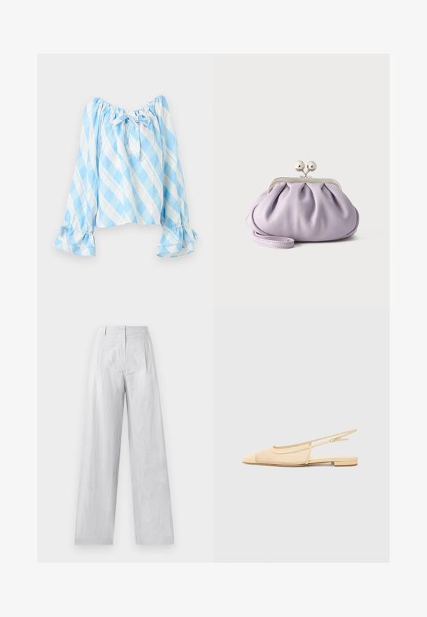 Lyseblå og hvide ternet off-shoulder bluse med lange pufærmer, flæsekantede manchetter og en bindebånd i halsudskæringen.; Hvide linned bukser med vidde, foran lukket med en knap, plisseringer ved taljen og et let struktureret stof.; Slingback fladsko i lys beige med en mesh-overdel, spids tå og en lav hæl. Har en justerbar strop for bedre pasform.; Blød lavendel clutch med opsamlet stof, sølv kiss-lock lås og matchende håndledsrem på en ensfarvet lys baggrund.