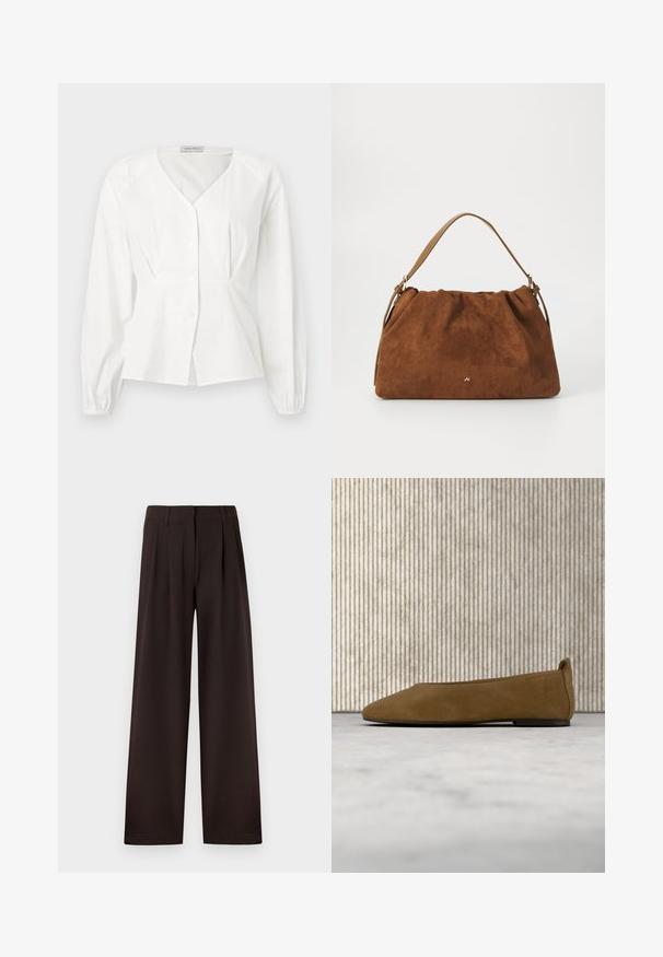 Blouse blanche à manches longues avec col en V, boutonnée à l'avant, taille cintrée et poignets élastiques, présentée sur un fond uni.; Pantalon marron foncé à jambes larges avec plis et passants pour ceinture, doté d'une fermeture éclair avant et d'un ourlet net sur un fond uni.; Chaussure plate en daim marron avec semelle noire flottant au-dessus d'un tapis beige, avec un mobilier translucide ambré en arrière-plan.; Sac à main en daim marron avec un design plissé, arborant une seule sangle en cuir beige et un discret logo doré à l'avant.