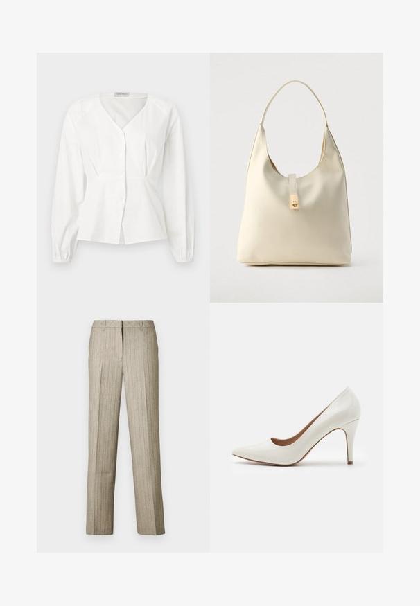 Hvid langærmet bluse med V-hals, knaplukning foran, figursyet talje og elastiske manchetter, vist på en ensfarvet baggrund.; Beige bukser med nålestriber og et lige ben-design, der har en struktureret linning og en subtil tekstur i hele stoffet.; Hvide patentlæder højhælede sko med spids tå og en glat overflade, der har en slank hæl og en lav skæring omkring åbningen.; Hobo-taske i cremefarvet læder med en enkelt skulderrem, glat tekstur og et guldfarvet spænde foran.