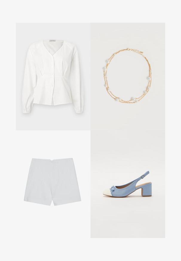 Hvid langærmet bluse med V-hals, knaplukning foran, figursyet talje og elastiske manchetter, vist på en ensfarvet baggrund.; Hvide shorts med et skræddersyet design, flad front, to sidelommer og en ren kant. Fremstillet af et glat stof uden synlige mønstre.; Lyseblå slingback sko med lukket tå, hvid kappe, en dekorativ sløjfe og en kraftig hæl. Glat tekstur med bølget detaljering.; Delikat dobbeltlags guldkæde med jævnt fordelt små hvide perler på en ensartet lys baggrund.