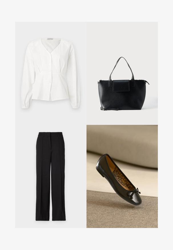 Blusa blanca de manga larga con escote en V, botones delanteros, cintura ajustada y puños elásticos, exhibida sobre un fondo liso.; Pantalones negros con un diseño de pierna recta, con dos pliegues en la parte frontal, una cinturilla y sin bolsillos visibles ni adornos.; Bailarina plana de cuero negro con puntera redondeada y lazo de tela, con un interior de estampado de leopardo. Textura suave y perfil delgado.; Bolso tote de cuero negro con dos asas, una correa desmontable, cierre de solapa magnética y textura suave. Parte superior con cremallera y costuras decorativas.