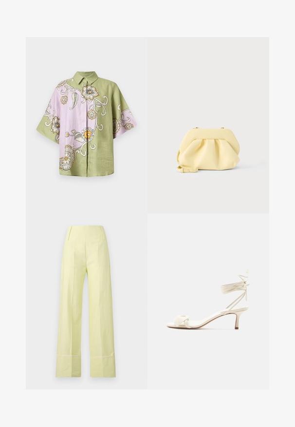 Chemise à manches courtes avec un design en blocs de couleur vert et lavande, ornée de motifs floraux en noir, jaune et blanc. Col classique avec une coupe décontractée.; Pantalon large en tissu jaune pâle avec une texture lisse. Dispose d'une taille haute et d'une couture contrastante le long de l'ourlet.; Sandale à talon bas de couleur crème avec des liens à nouer autour de la cheville et une large bride torsadée sur les orteils, sur un fond blanc uni.; Pochette en cuir jaune doux avec un design froncé et une bandoulière amovible, posée sur un fond clair uni.
