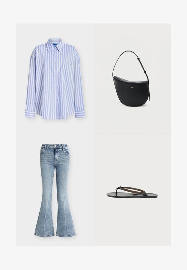 Chemise à manches longues boutonnée avec rayures verticales bleu clair et blanches, col pointu et poche poitrine avec broderie blanche subtile.; Jean en denim bleu clair taille haute avec un lavage délavé, poches avant, fermeture par bouton et zip, et jambes évasées style pattes d'éléphant.; Sandale plate noire brillante type tongs avec des fines brides croisées sur le pied et un entre-doigts sur un fond clair uni.; Sac à bandoulière en cuir noir en forme de demi-lune avec une bandoulière réglable et le logo doré « BOSS » centré sur le devant.