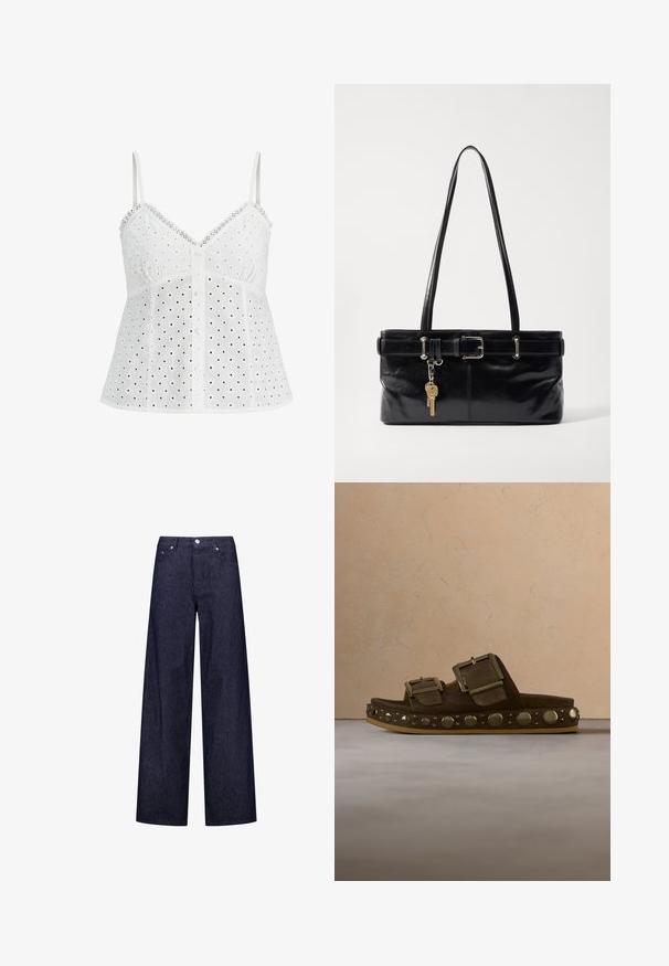 Witte mouwloze katoenen top met eyelet-borduurwerk, kanten afwerking langs de halslijn en een knoopsluiting aan de voorkant.; Brede denim broek met een donkerblauw en wit verticaal gestreept patroon, voorzien van twee voorzakken en een klassieke knoopsluiting.; Bruine suède slide-sandaal met twee grote gouden gespen en ronde gouden studs langs de rand van de zool op een beige tapijt.; Osoi SHOULDER BROCLE - Handtas - stone black