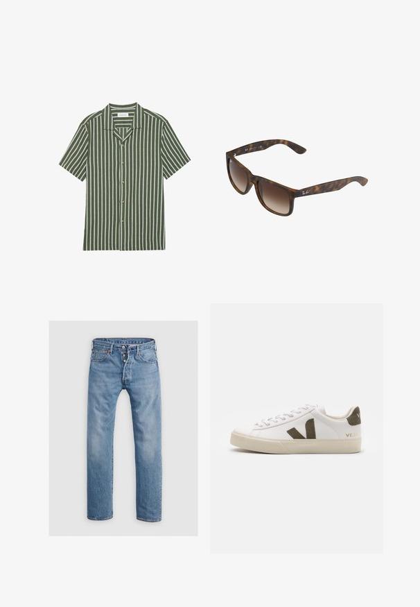 Korte mouwen shirt met groene en witte verticale strepen, met kraagontwerp, vijf knopen aan de voorkant, gemaakt van geweven stof.; Lichtblauwe denim jeans met een recht gesneden ontwerp, vijf zakken en een knoopsluiting. Voorzien van subtiele vervaging en stikselaccenten.; Witte leren sneakers met een lichtbeige rubberen zool. Voorzien van een bruine suède V-logo en hieltab. Gespsluiting met een gestructureerd oppervlak.; Kattenoog zonnebril met bruine gradient lenzen, rechthoekige vorm, dikke monturen en een zilveren logoaccent aan de zijkant.