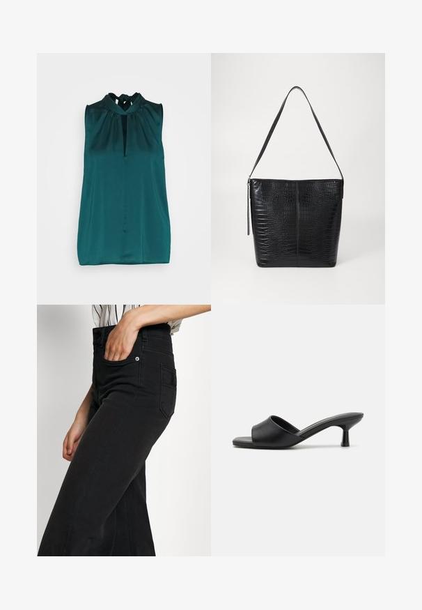 Anna Field by Zalando Top - green; Sorte jeans i bred benstil med høj talje, forlommer og en baglappe. Glat tekstur med minimale syningsdetaljer.; Sorte slidesandaler med en glat læderoverdel, åben tå og en lav, blank hæl. Minimalistisk design med en buet form og slank finish.; Sort håndtaske i krokodillepræget læder med flad krop, justerbar rem og lynlåslukning. Glat tekstur med struktureret form.