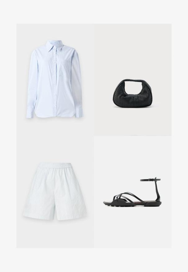 Lyseblå button-up skjorte lavet af bomuld, med spids krave, lange ærmer, en brystlomme og en lige kant.; Lyseblå stribede shorts med elastisk talje. Fremstillet af et glat stof, prydet med lodrette hvide striber og en løs pasform.; Sort flad sandal med tynde remme, der krydser tæerne, og en ankelrem med spænde, med en let tekstureret sål for greb.; Sort flettet hobo-taske med blød struktur og integreret håndtag, vist på en ensfarvet lys baggrund.