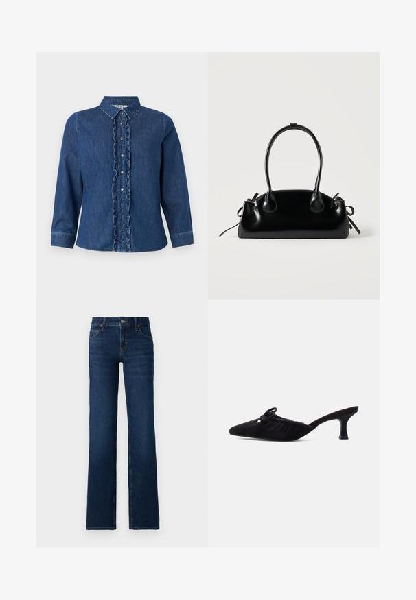 Denim overhemd met lange mouwen, donkerblauwe kleur, gerafelde voorkant, knoopsluiting en klassiek kraagontwerp.; Donkerblauwe wijde jeans gemaakt van denim. Beschikt over een gestikt tailleband, vijf zakken en een ritssluiting met een metalen knoopsluiting.; Zwarte suède mule met puntige neus, geplooide bovenkant, decoratieve strik en hak van gemiddelde hoogte, afgebeeld tegen een egale lichte achtergrond.; Kleine zwarte glanzende handtas met twee lange hengsels en zijkant trekkoord details op een effen lichte achtergrond.