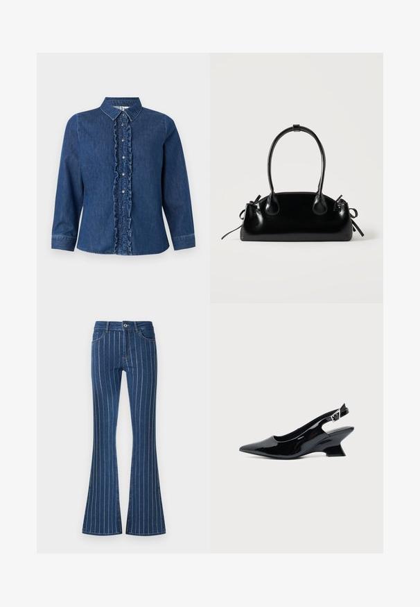 Denimskjorte med lange ærmer, mørkeblå farve, rynket stolpe foran, knaplukning og klassisk kravedesign.; Blå denim jeans med flared ben, der har vertikale hvide striber, en lynlås foran og lommer. Stoffet har en let struktureret overflade.; Sort laklæder slingback sko med spids tå og lav vinklet blokhæl på ensartet lys baggrund.; Lille sort blank håndtaske med to lange håndtag og snøre-detaljer i siden på en ensfarvet lys baggrund.