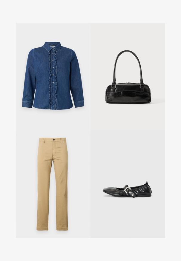 Denim overhemd met lange mouwen, donkerblauwe kleur, gerafelde voorkant, knoopsluiting en klassiek kraagontwerp.; Khaki chinos van katoen, met een rechte pijp, twee voorkanten zakken, een enkele knoopsluiting en riemlussen, met een gladde textuur.; Zwarte leren platte schoen met een spitse neus, geplooide details rond de opening en een zilveren gespaccentueerde verstelbare band.; Zwarte leren handtas met een rechthoekige vorm, voorzien van een enkele gestructureerde handgreep, zilveren hardware en ritsluiting. Gladde textuur.