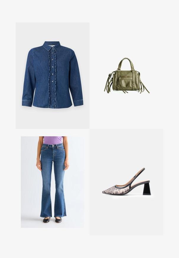 Chemise en denim à manches longues, couleur bleu foncé, patte de boutonnage froncée, fermeture à boutons et design de col classique.; Femme portant un jean bootcut bleu taille haute, des ballerines noires et un t-shirt violet à manches courtes, debout devant un fond clair uni.; Escarpins slingback à imprimé léopard avec bout pointu, accents en cuir verni noir et talon triangulaire texturé. Couleur de base beige clair.; Sac à main en cuir vert olive avec des poignées tressées, poche avant zippée et franges décoratives. Fini texturé, forme rectangulaire compacte.