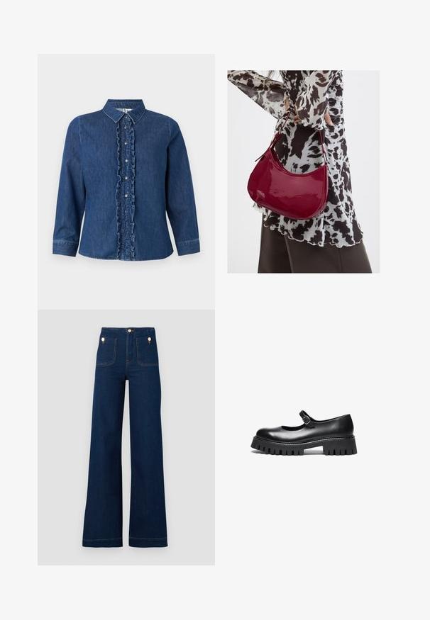 Denimskjorte med lange ærmer, mørkeblå farve, rynket stolpe foran, knaplukning og klassisk kravedesign.; Mørkeblå vidde jeans med høj talje, guldknap-detaljer, to for- og baglommer samt kontrastsyede detaljer. Tekstureret denim stof.; Sorte læder Mary Jane-style sko med rund tå, ankelrem og chunky gummisål med ribbet detaljering.; Kvinde iført en sort- og hvidmønstret bluse, der holder en blank rød skuldertaske mod en ensfarvet baggrund.