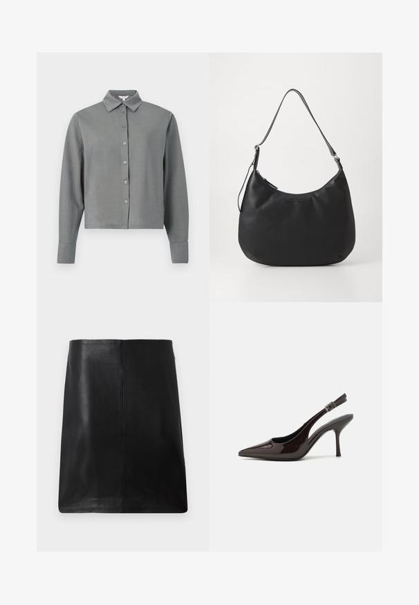 Camisa gris de manga larga con botones, cuello y puños, mostrada sobre un fondo claro y liso.; Minifalda de cuero negro con corte recto, textura suave y detalles de costura mínimos. Sin herrajes visibles ni adornos.; Zapato de tacón alto tipo slingback en piel sintética brillante de color marrón oscuro, con punta afilada, laterales abiertos y correa ajustable en el tobillo.; Bolso hobo negro fabricado con material suave y duradero. Cuenta con una sola correa ajustable y un logotipo sutilmente grabado en la parte frontal.