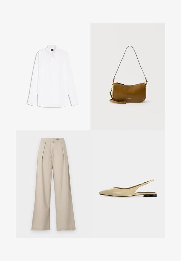 Chemise blanche à manches longues avec col pointu et patte de boutonnage cachée, étiquetée "BOSS" au niveau du col.; Pantalon large beige à taille haute, avec des plis, une fermeture à un bouton et une texture de tissu lisse.; Chaussure plate beige à bout pointu avec bride arrière, petit talon noir et finition en cuir lisse, vue de côté sur un fond uni.; Sac à bandoulière en cuir marron avec ferrures dorées et fermeture éclair, doté d'une poignée courte et d'une longue sangle amovible.