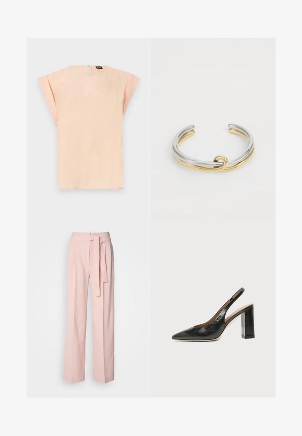 Blusa de manga corta color melocotón suave con mangas anchas y una pequeña apertura en la parte trasera con cierre de botón.; Pantalones de pierna ancha de color rosa claro, confeccionados en una tela suave, con cintura con cinturón y bolsillos laterales, diseñados para un ajuste relajado.; Zapato slingback negro de cuero con punta afilada, tacón cuadrado y un pequeño logo en el lateral, sobre un fondo blanco liso.; Pulsera de pulsera de metal que presenta bandas entrelazadas de plata y oro con un acabado suave y pulido. Detalle de nudo notable en el centro.