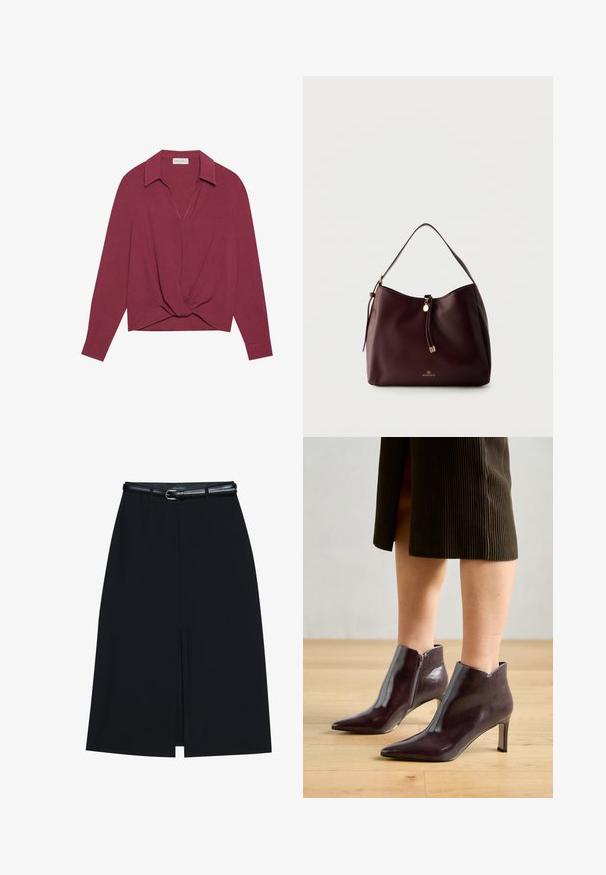 Bordeauxkleurig longsleeve shirt met een kraag, V-hals en gedraaide knoopdetail aan de voorkant. Zachte textuur en een relaxte pasvorm.; Zwarte knie-lange rok met een vooraanstaande split, gemaakt van gladde stof. Heeft een dunne zwarte riem met een zilveren gesp en riemlussen.; Bordeaux leren enkel laarzen met een spitse neus en slanke hak. Beschikt over een zijrits en een gladde, glanzende textuur.; Donkerbruine leren schoudertas met gevlochten kwastje, gouden accenten en het Anna Field-logo aan de voorkant tegen een effen lichte achtergrond.