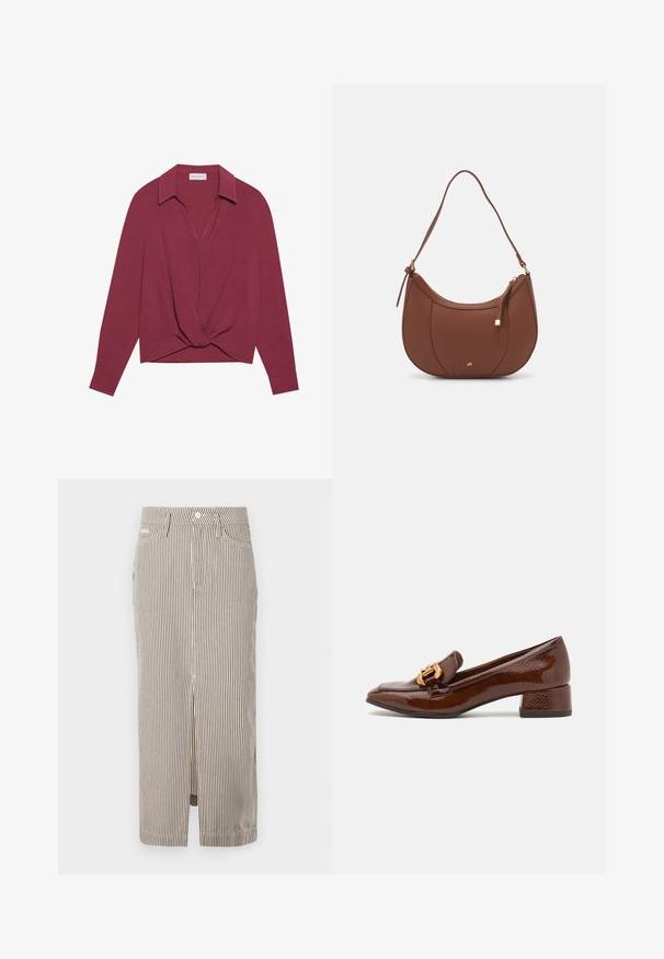 Chemise longue maroon à manches longues avec col, décolleté en V et détail de nœud torsadé à l'avant. Texture douce et coupe décontractée.; Jupe midi rayée en beige clair et marron foncé, fabriquée en coton, avec une fente sur le devant et des passants de ceinture. Design classique et coupe ajustée.; Mocassins en cuir marron avec une finition brillante, dotés d'une boucle décorative en or à l'avant et d'un talon bas. Design classique.; Sac à épaule en faux cuir brun, de forme arrondie, avec des coutures minimales et un accent en matériel doré. Il possède une fermeture zippée sur le dessus et une sangle réglable.