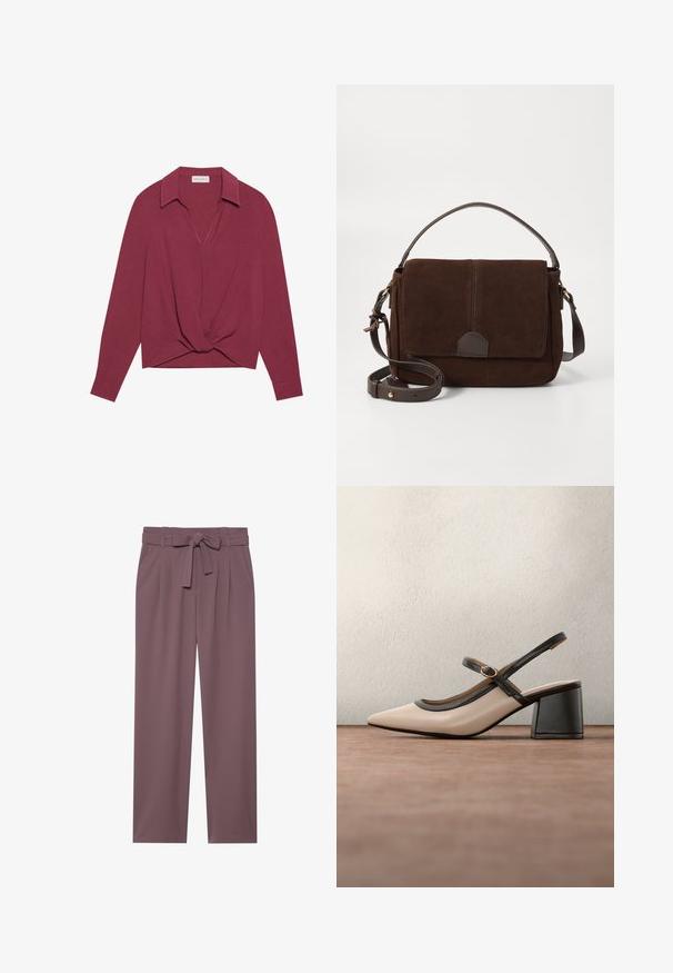 Chemise longue maroon à manches longues avec col, décolleté en V et détail de nœud torsadé à l'avant. Texture douce et coupe décontractée.; Pantalons larges de couleur prune avec une taille ceinturée, un devant plissé et une texture lisse. Comprend des poches latérales et un design ajusté.; Chaussure beige à talons hauts avec bride arrière, bout pointu, bordure noire et détail boucle. Matériau lisse à finition mate, talon moyen épais.; Sac messager en daim marron avec un rabat plat à l'avant, des accents en cuir marron, une bandoulière ajustable et un design minimaliste.
